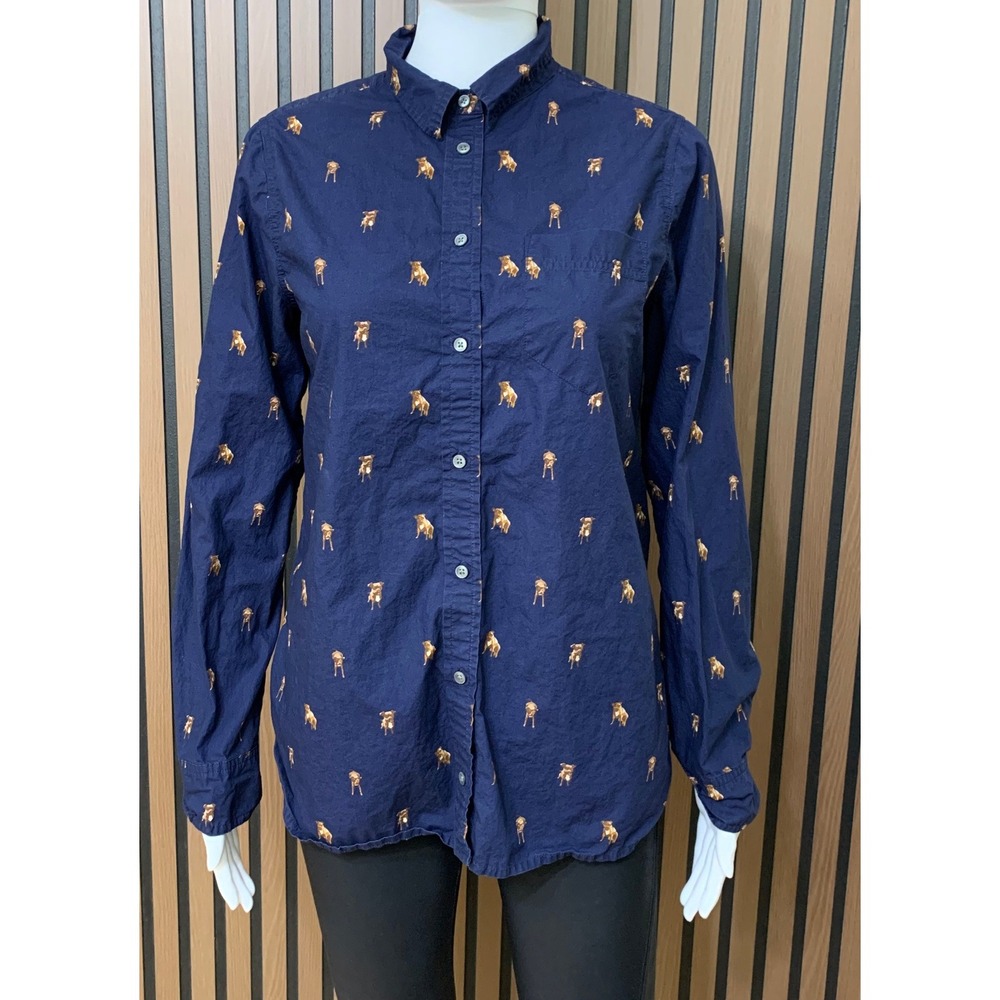 J.Crew Women's Navy Blue Bulldog Animal Print Cotton Button Down Shirt Size 4